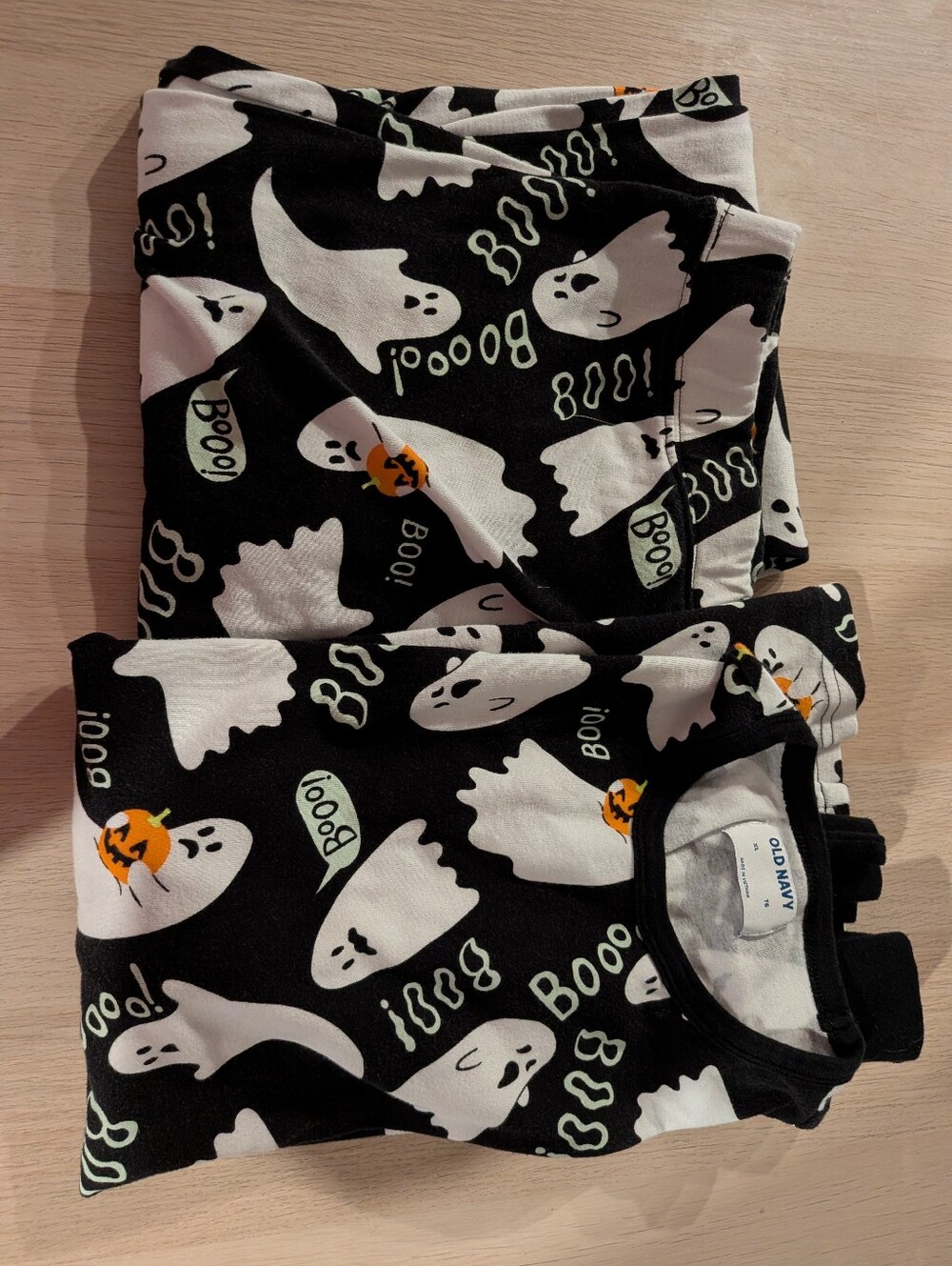 Old Navy Black Ghost Print Halloween Pajama Set with Orange Accents